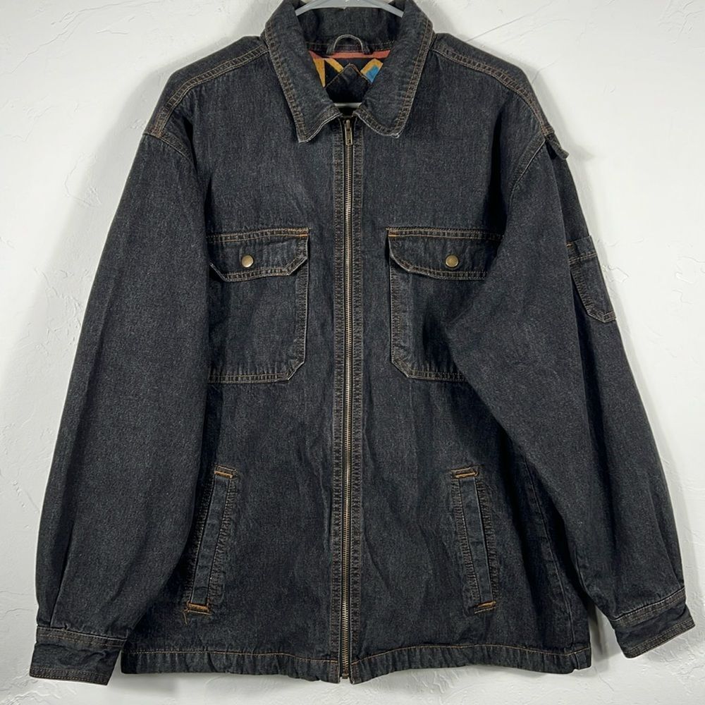 🔥 VINTAGE Duke Haband Aztec Flannel Lined Full Zip Black Denim Jacket Mens Larg